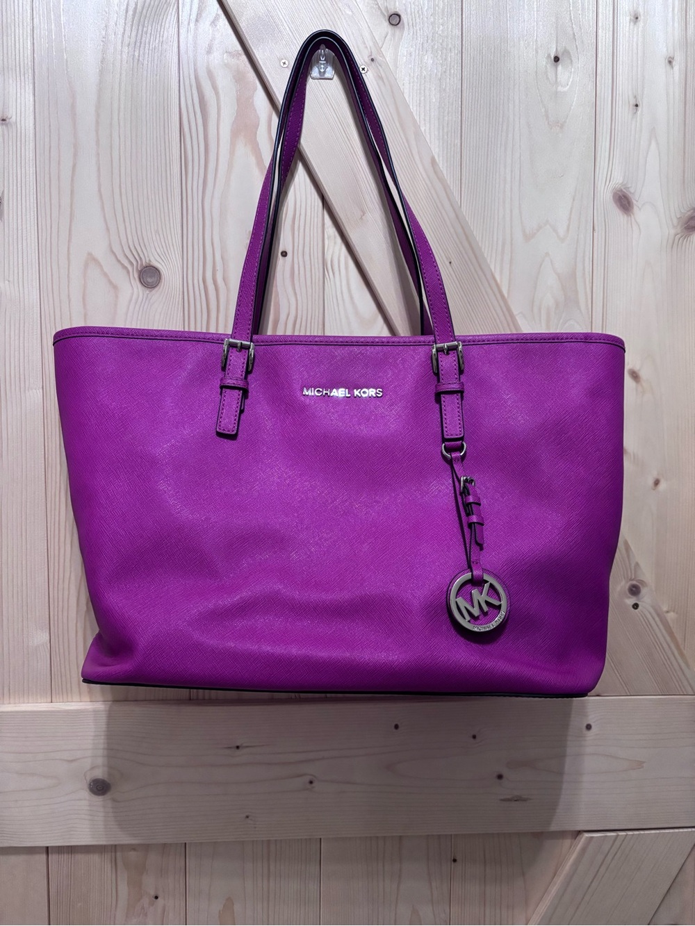 Michael Kors Magenta Saffiano Leather Tote with MK Charm
